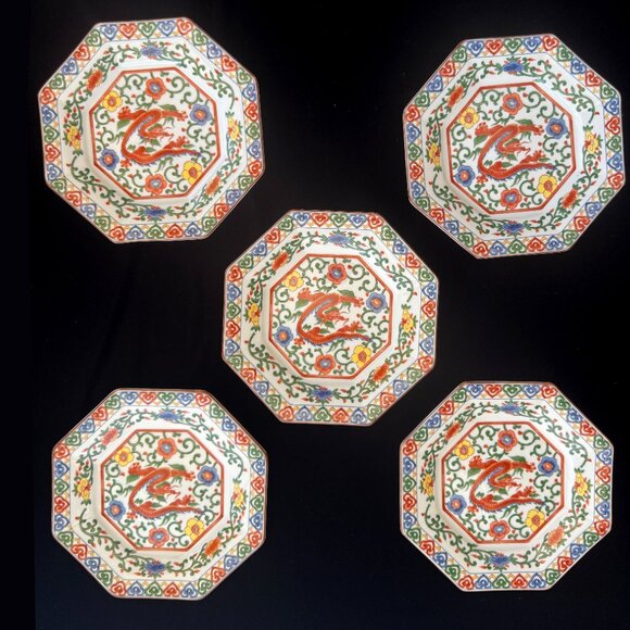 Set of 5 Vintage Otagiri Red Dragon Plates Octagon 7.25" Chinoiserie Japan 1960s - Picture 1 of 7